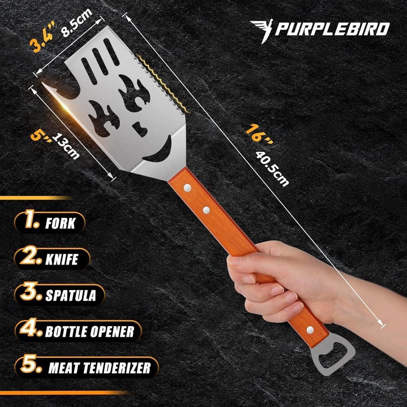 PURPLEBIRD Grill Spatula for Outdoor Grill, 5 in 1 Grilling Tools 16" Long BBQ Spatula with Wooden Handle, Father's Gift, for Men, for Dad - Image 5